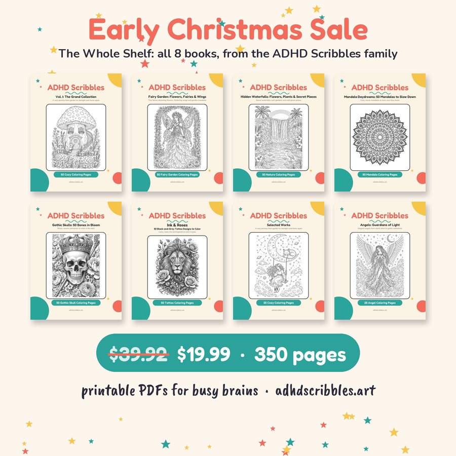 The Whole Shelf bundle: all 8 ADHD Scribbles coloring book covers under an Early Christmas Sale banner
