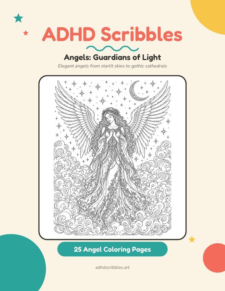 Cover of ADHD Scribbles: Angels, Guardians of Light, showing a winged angel among the stars