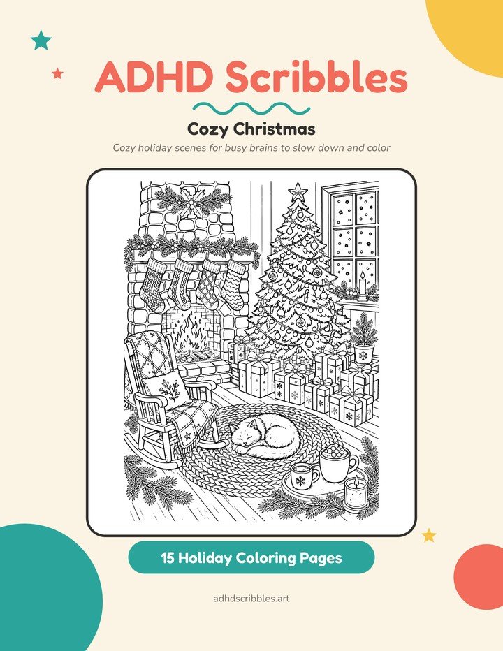 Cover of ADHD Scribbles: Cozy Christmas, 15 Holiday Pages to Color