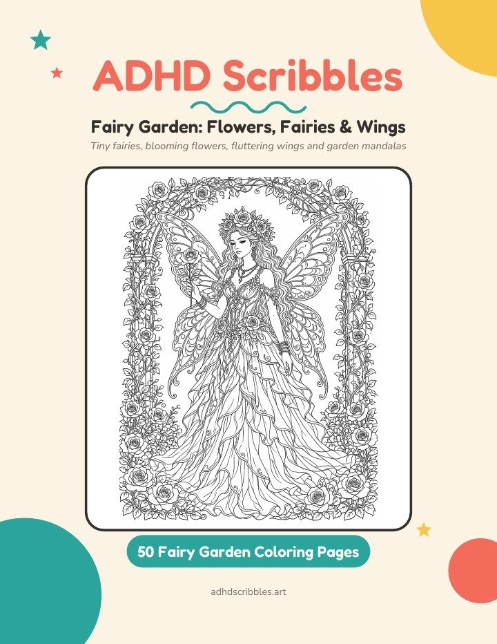 Cover of ADHD Scribbles: Fairy Garden, Flowers, Fairies & Wings, showing a fairy with butterfly wings under a rose arch