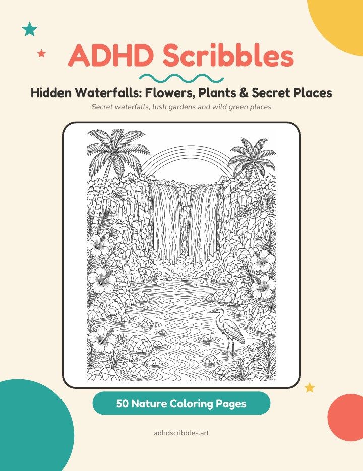 Cover of ADHD Scribbles: Hidden Waterfalls, Flowers, Plants & Secret Places, showing a jungle waterfall with palms, hibiscus and a heron