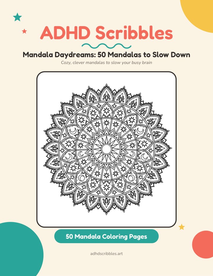Cover of ADHD Scribbles: Mandala Daydreams, 50 Mandalas to Slow Down, showing an ornate whimsical mandala