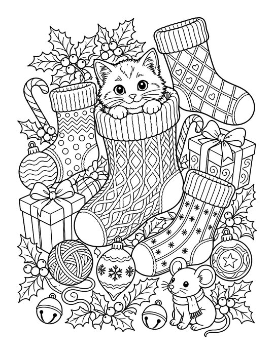 Coloring page: a kitten peeking out of a knitted Christmas stocking, surrounded by stockings, presents, ornaments, holly and a little mouse